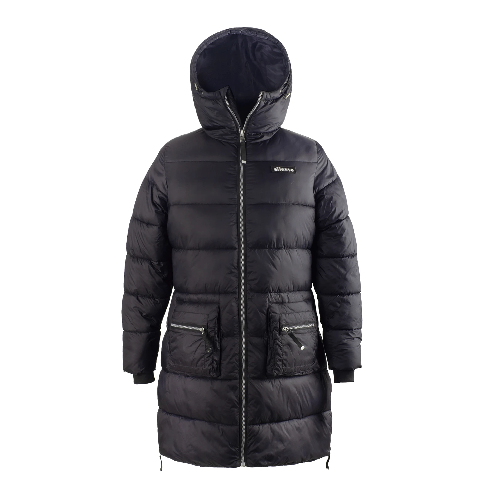 Women's Long Puffer Coat with Hood - Black Quilted Winter Jacket, Zip - Up Front, Functional Zipper Pockets, Warm & Stylish Outerwear for Cold Weather