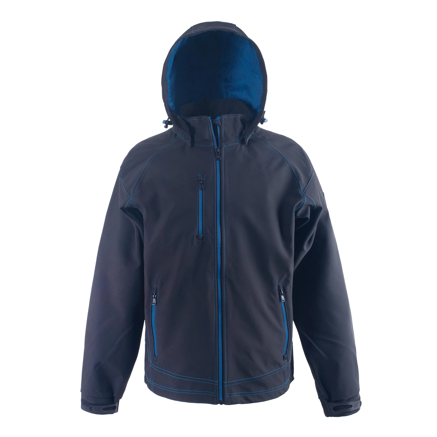 Men's Hooded Softshell Jacket, Windproof Outdoor Coat with Contrast Blue Accents, Zippered Pockets for Hiking, Camping & Daily Wear