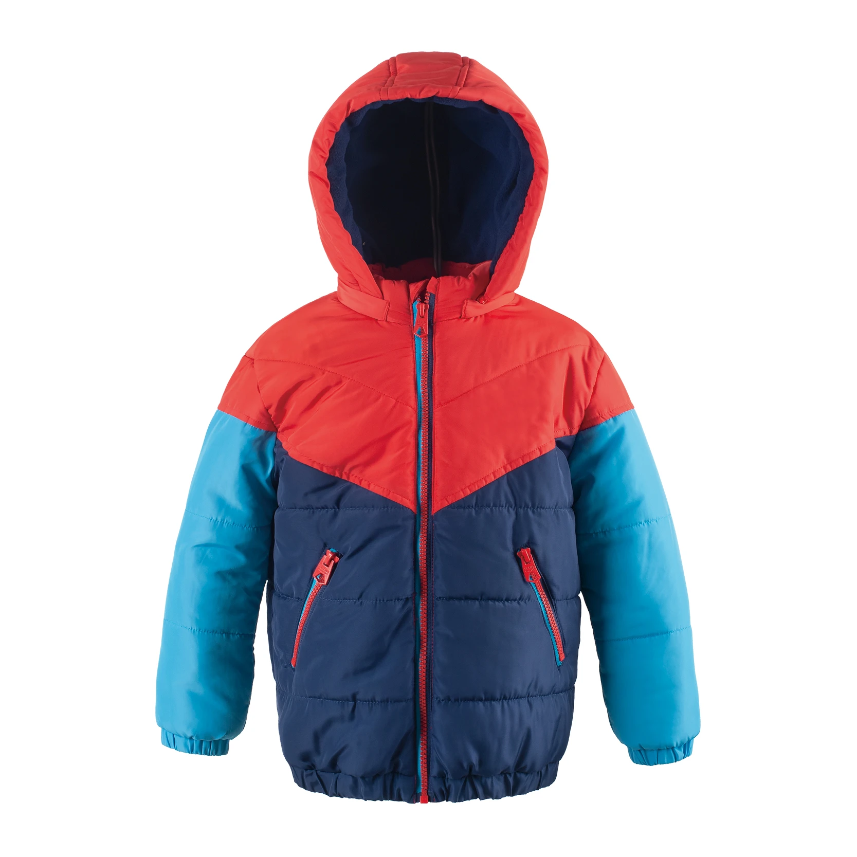 Kids' Color - Block Hooded Puffer Jacket, Red/Navy/Blue, Warm for Winter & Outdoor Play