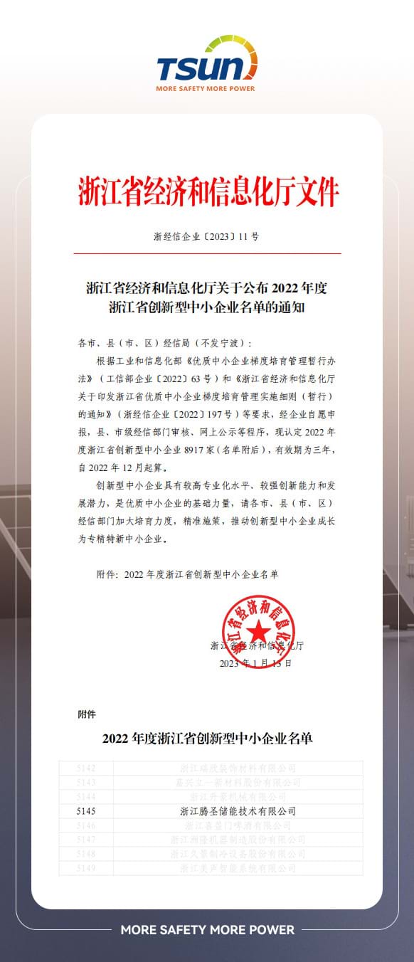 TSUNESS Awarded ' 2022 Innovation-Oriented Enterprise of Zhejiang Province'