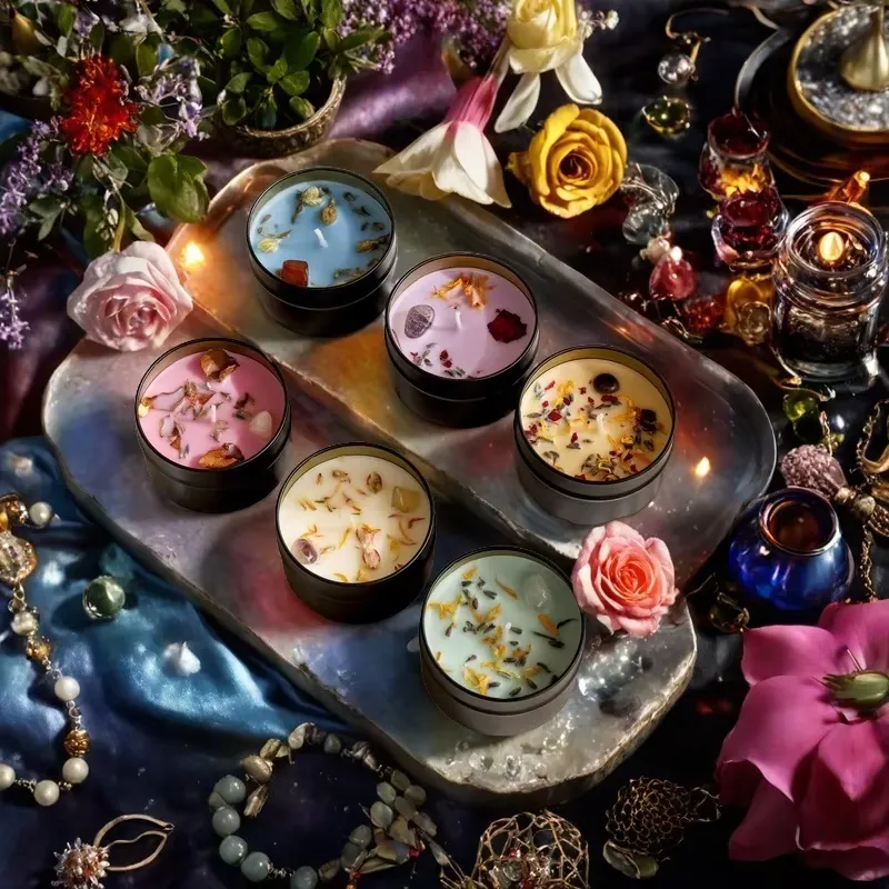 Soy Wax Energy Aromatherapy Candle Ylang Ylang Black Tin Can Dried Flower Home for Sleep Bedroom Fragrance Candle