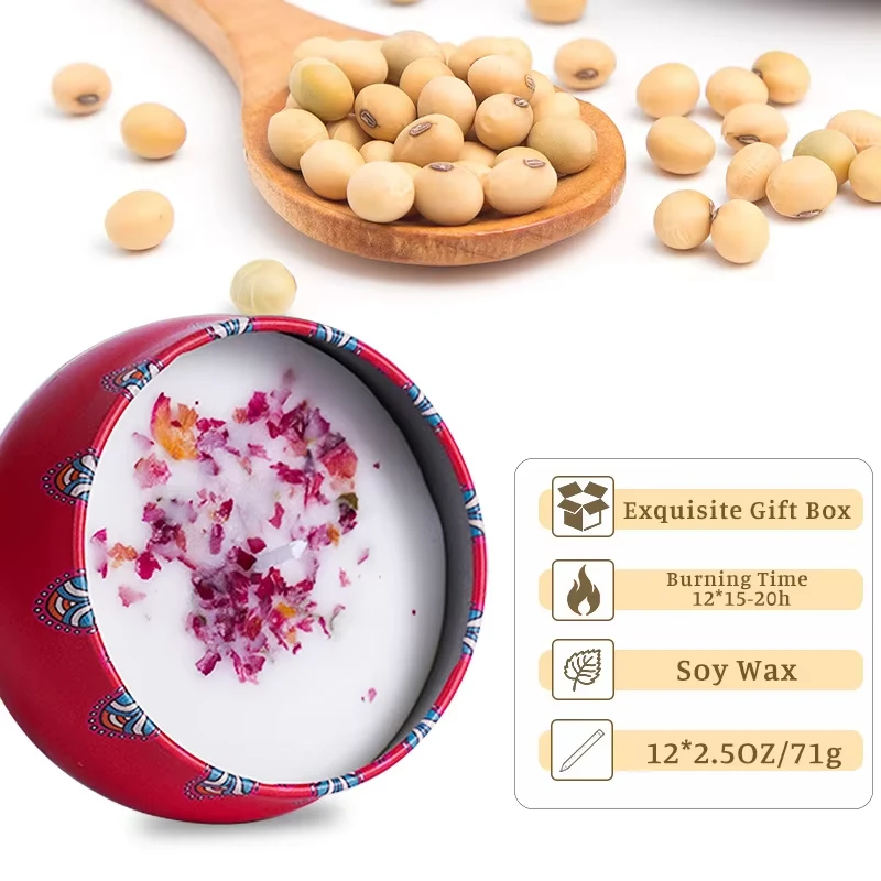 Ethnic Style Handmade Tinplate Cup Shape Aromatherapy Soy Candle Gift Box Set for Christmas Mother's Day & Festival-For Him Girl