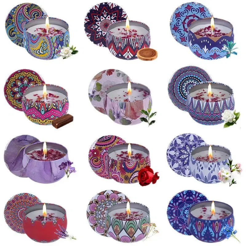Ethnic Style Handmade Tinplate Cup Shape Aromatherapy Soy Candle Gift Box Set for Christmas Mother's Day & Festival-For Him Girl