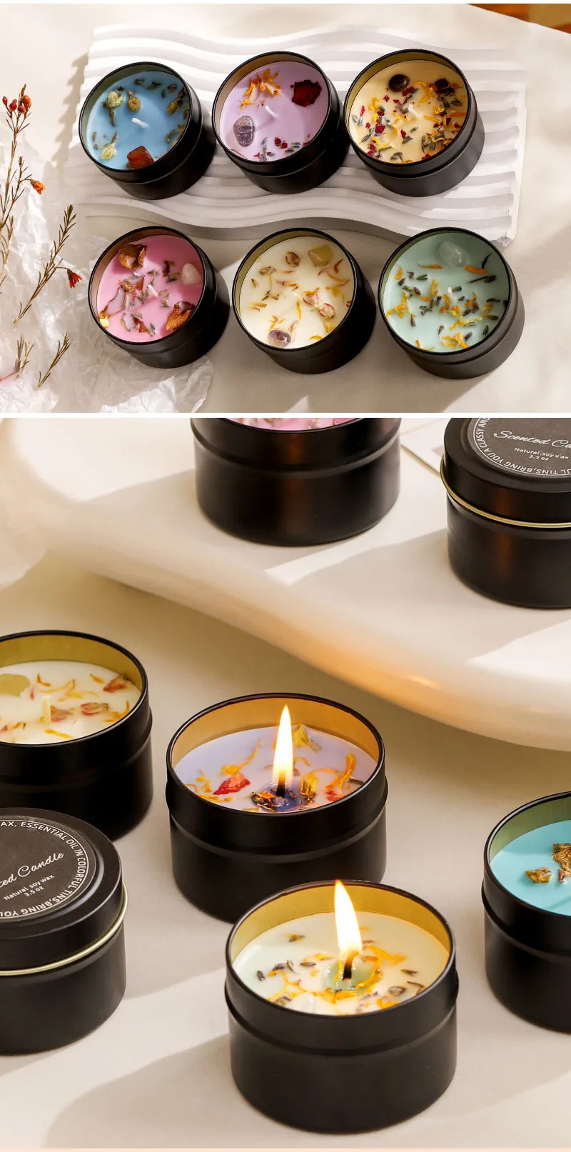 Soy Wax Energy Aromatherapy Candle Ylang Ylang Black Tin Can Dried Flower Home for Sleep Bedroom Fragrance Candle