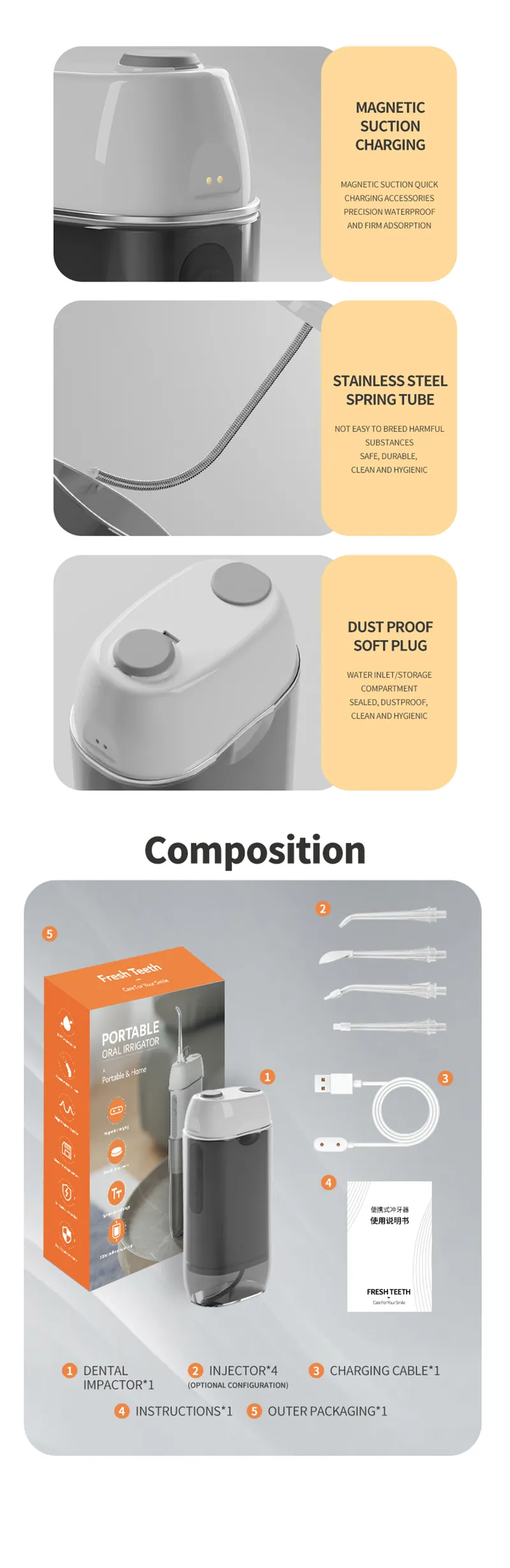 B41 Hot Sale Waterproof Rechargeable Cordless ABS Portable 260ml Oral Plaque Stain Removal Device