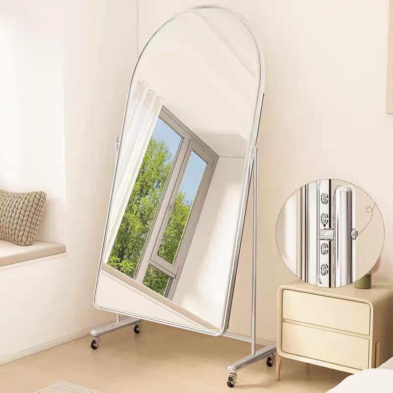 Contemporary Full-Length Floor Mirror Large Arch Aluminium Wheels Handmade Movable Metal Stainless Frame Modern Decorative