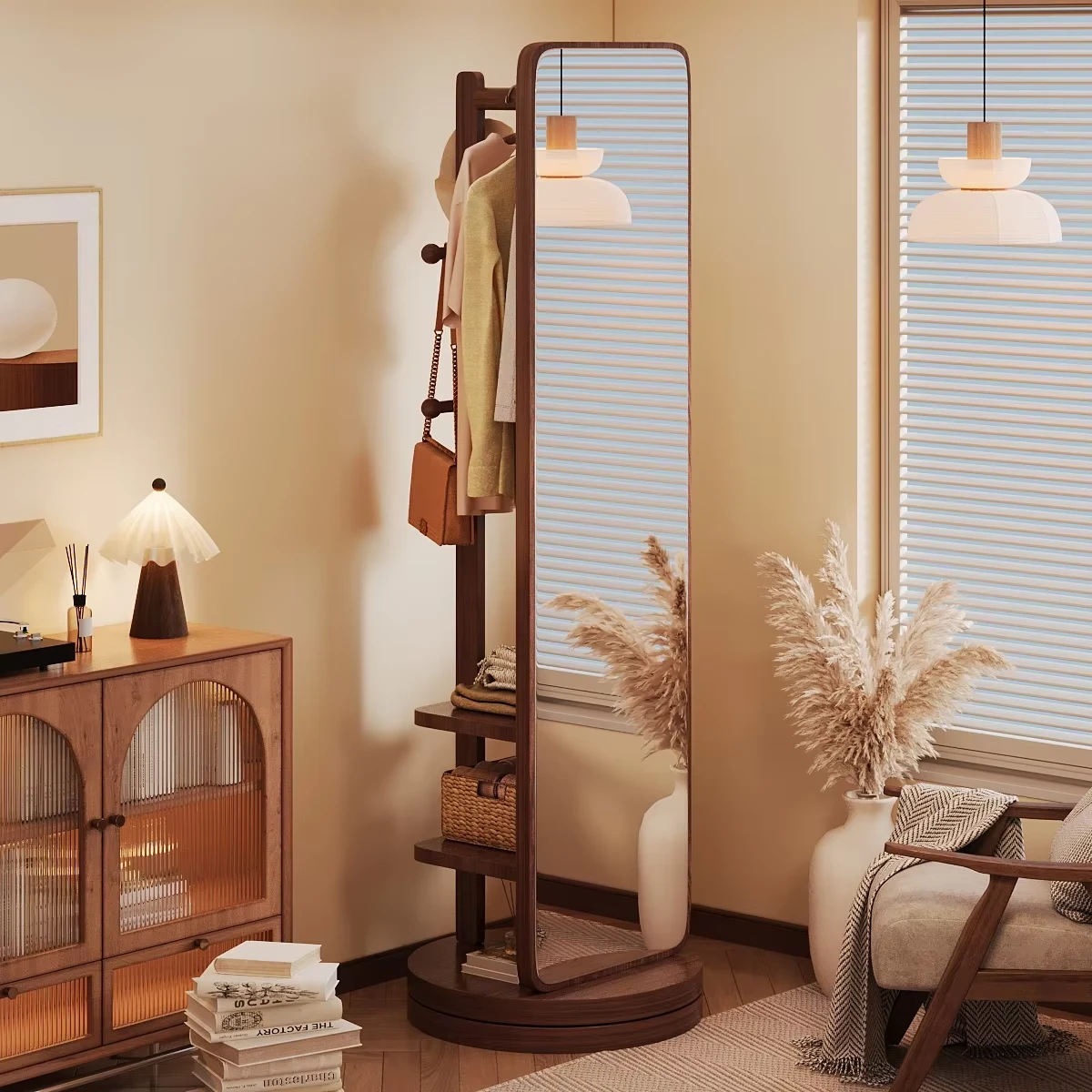 Luxury Handmade Glass Rotating Wooden Frame Floor Length Mirror Adjustable Eco-Friendly Design for Bedroom Dressing Room Storage