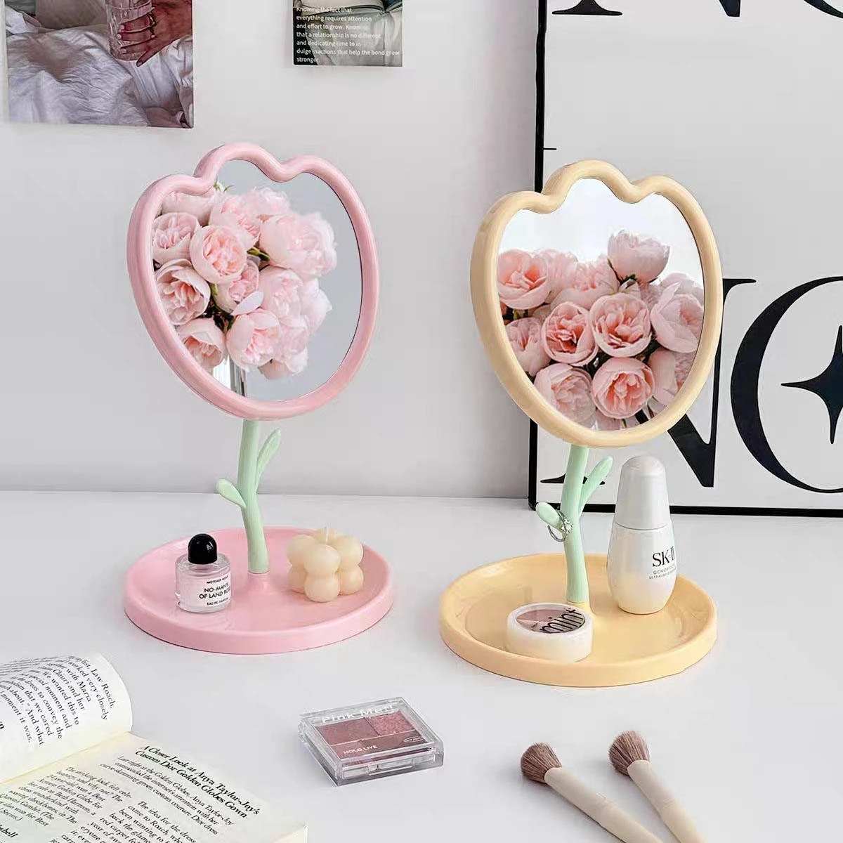Flower Tulip Desktop Single-sided Rotating Makeup Mirror with Base for Student Beauty Princess Use