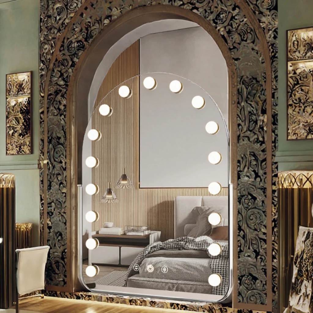 Modern Intelligent LED Glass Mirror Personalized Touch Control Defogging Function Metal Frame Makeup Mirror for Bathroom Hotel