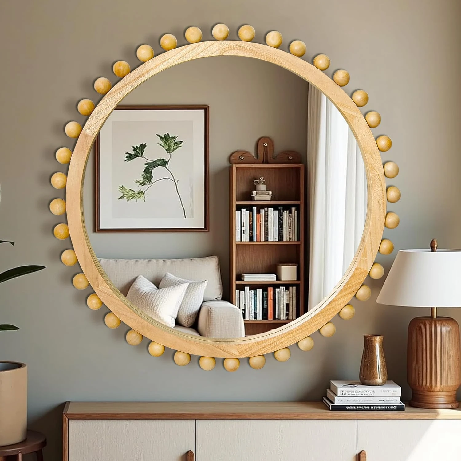 Boho Wooden Beaded Round Wall Mirror for Home Decor