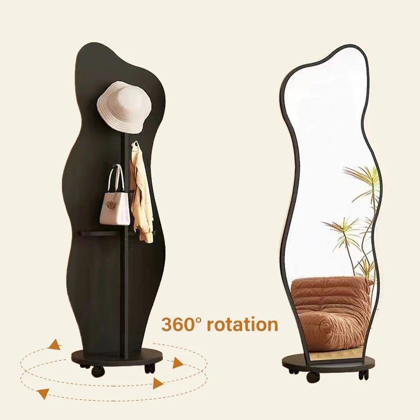 Rotation Full Length Mirror with Brake Wheels Solid Wood Floor Mirror with Coat Rack Full Body Mirror for Bedroom Living Room