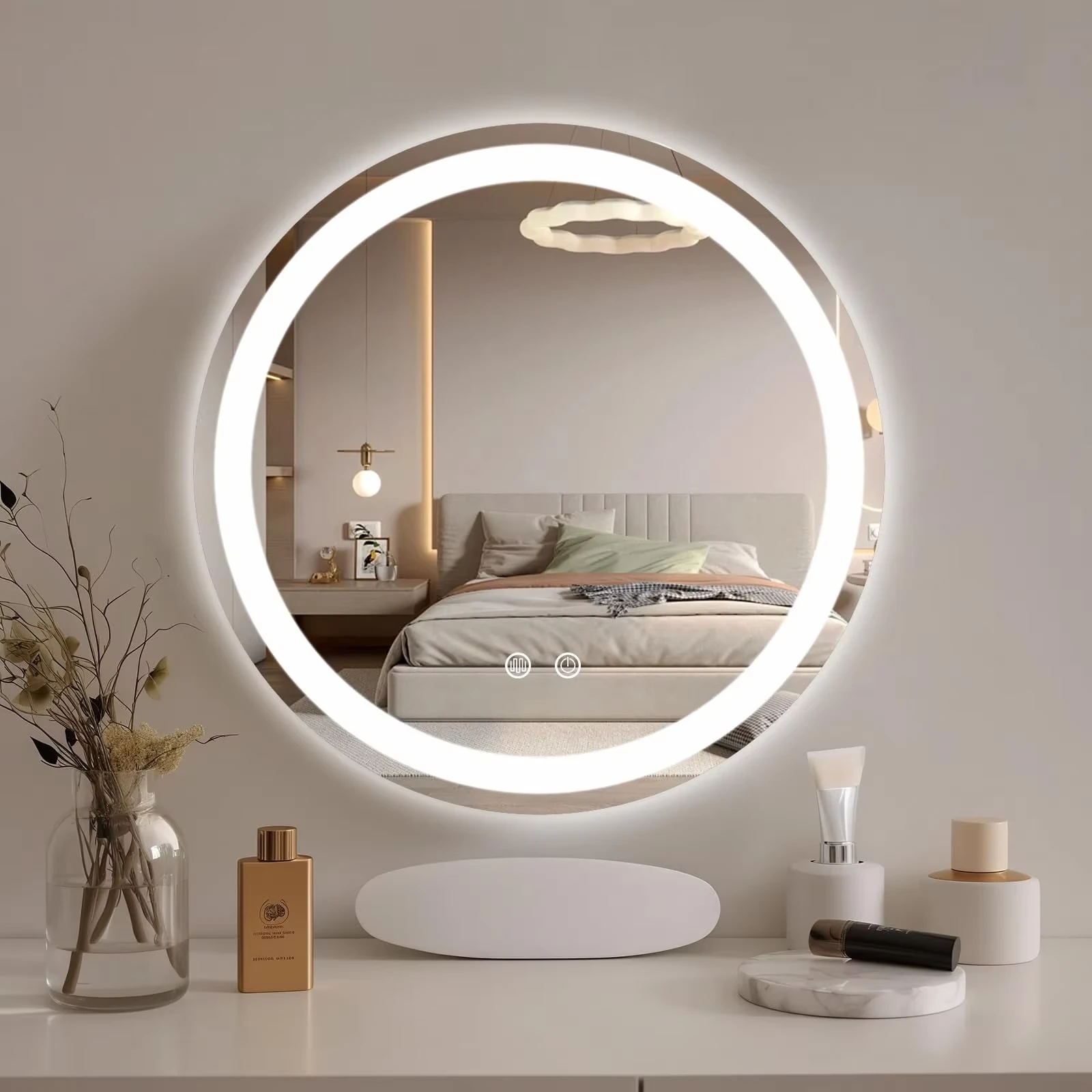 Premium Modern Circular LED Vanity Mirror Anti-Fog Touch Screen Smart Switch for Bathroom Salon Living Room Hotels Hospitals