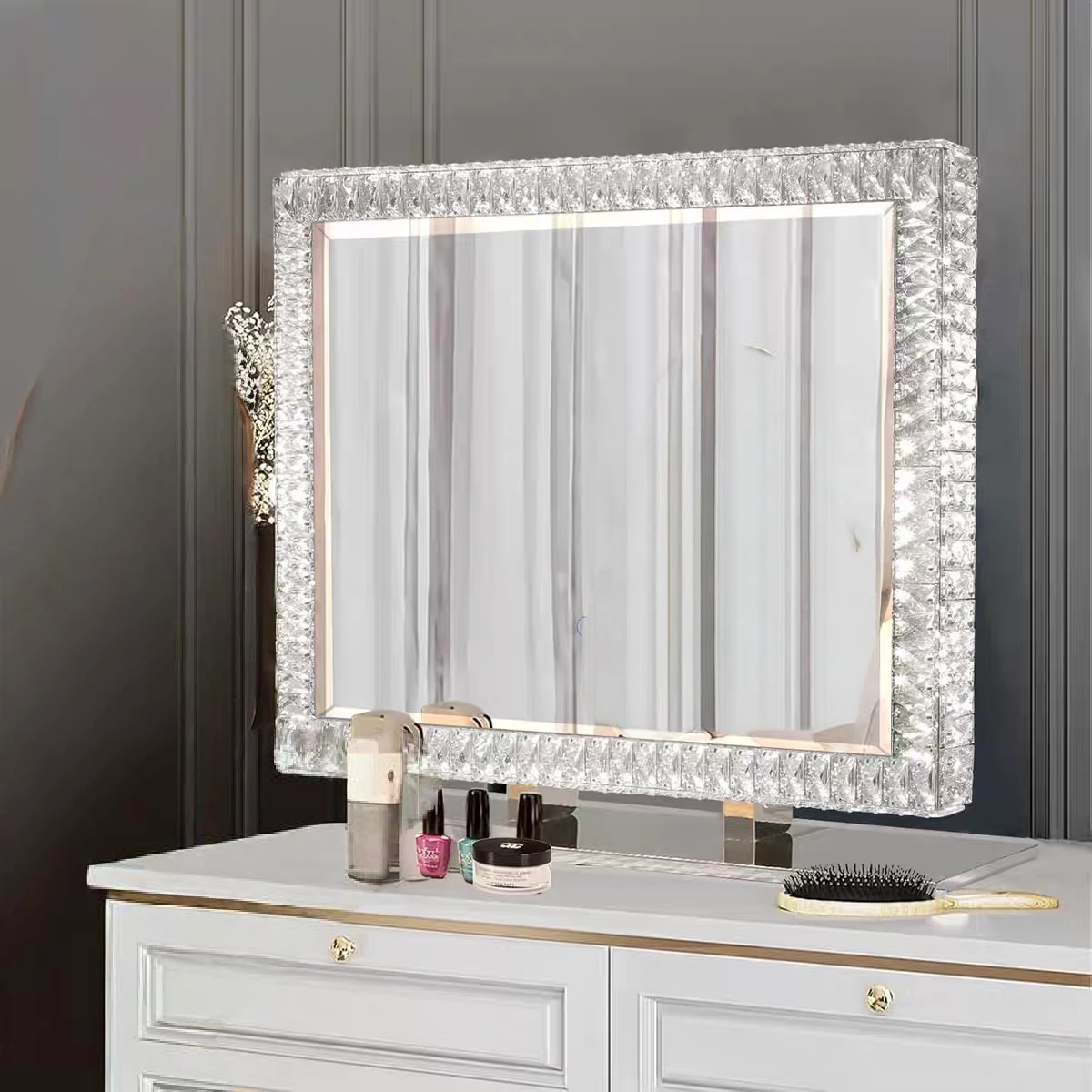 Shiny Diamond Crystal Vanity Mirror Luxury Tabletop Make up Mirror with LED Light Illuminated Beauty Mirror Decor Makeup Mirror
