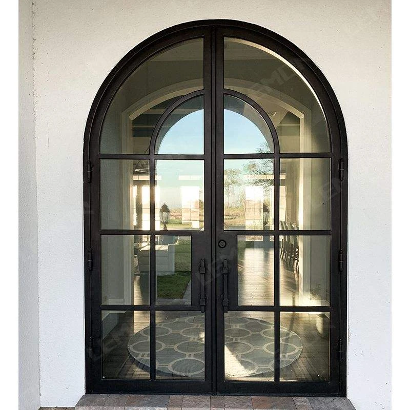 Modern Minimalist French Wrought Iron Glass Door Grid Design Black Entrance Iron Door.