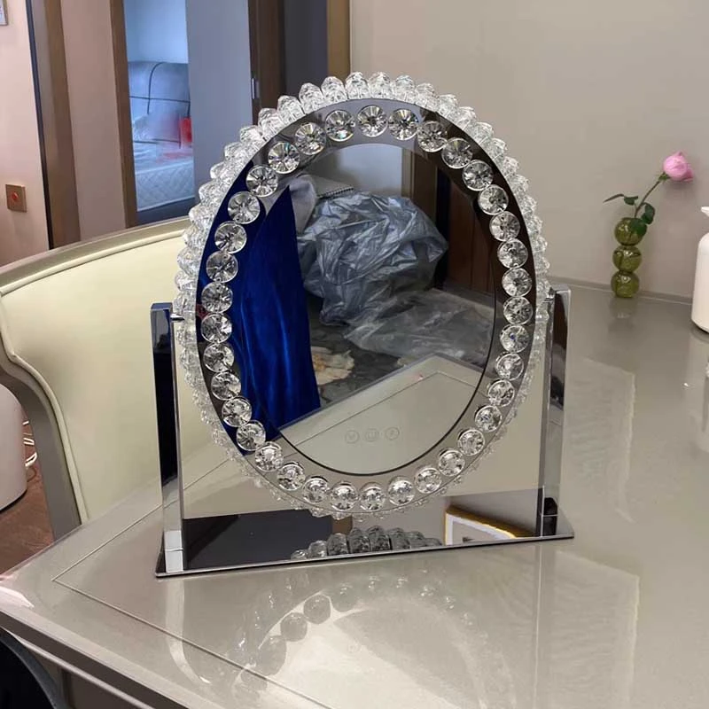 Luxury Crystal LED Vanity Mirror Elegant Round Crystal Tabletop Makeup Mirror wholesale