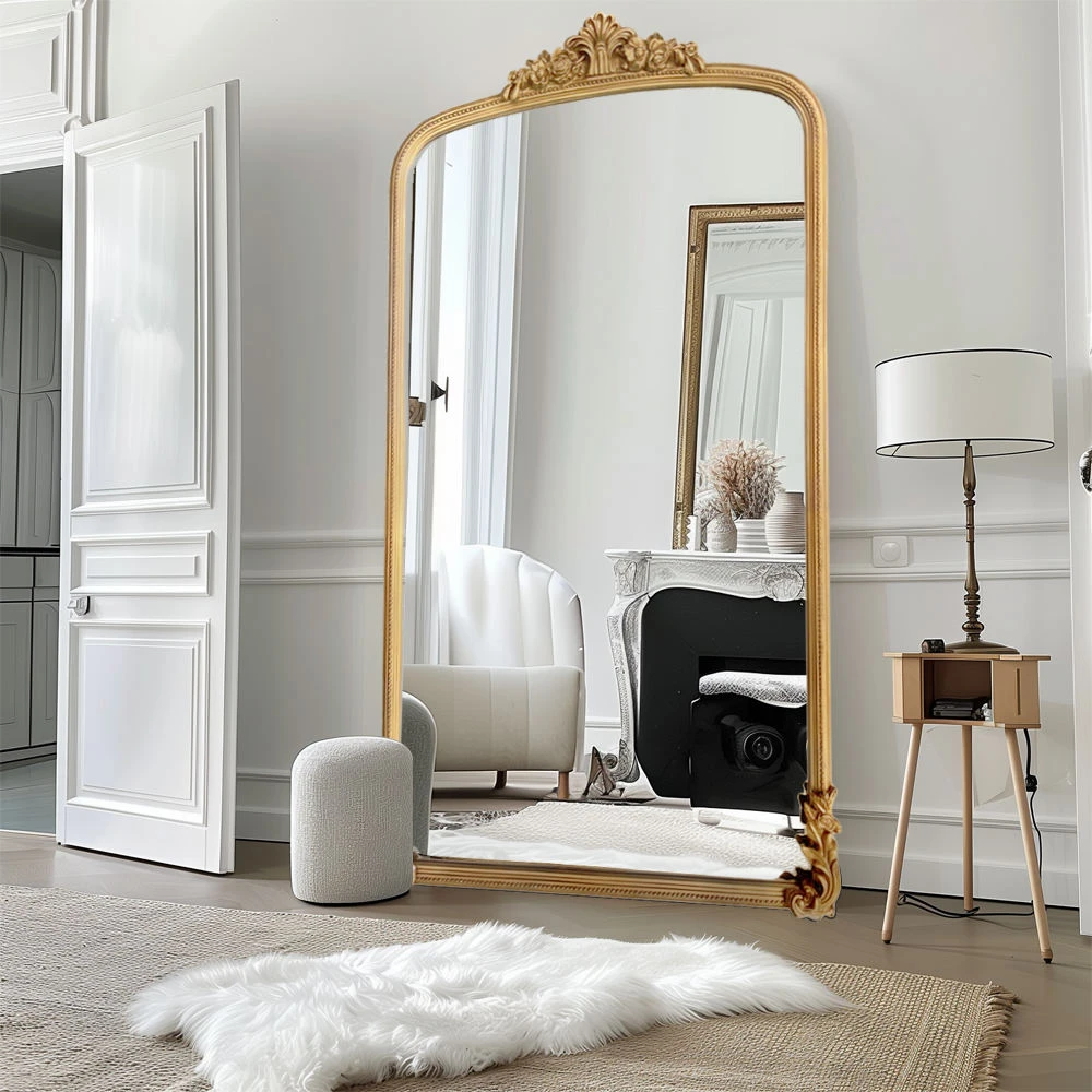 Antique Large Luxury Arched Gold Flower Wood Frame Environmental protection Decorative Mirror