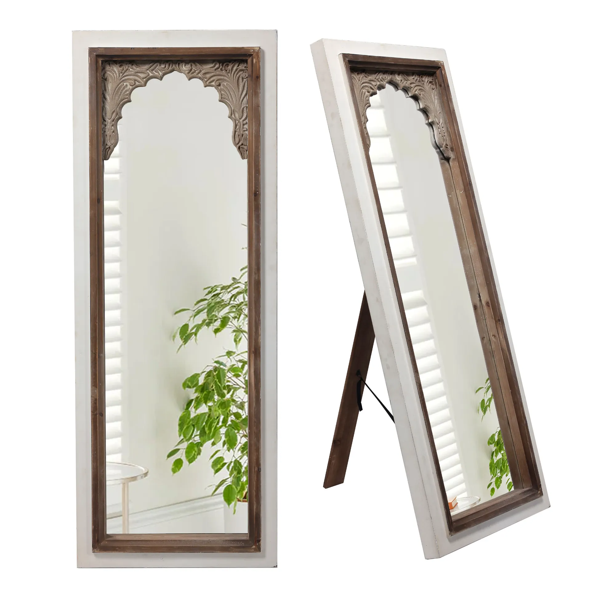 Handmade Custom Large Curved Wooden Framed Long Mirrors Bathroom Mirror Full Length Dressing Rustic Wood Floor Wall Mirror