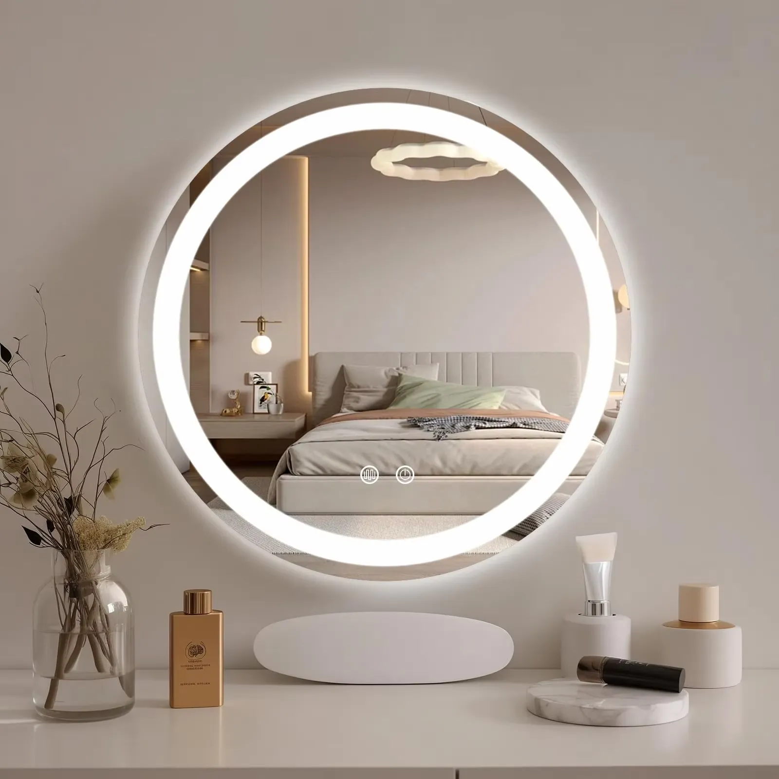 Premium Modern Circular LED Vanity Mirror Anti-Fog Touch Screen Smart Switch for Bathroom Salon Living Room Hotels Hospitals