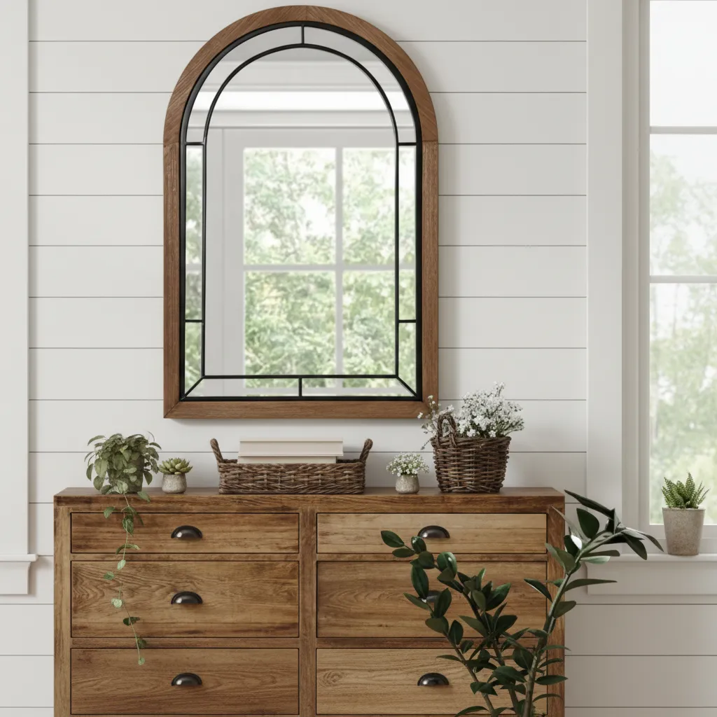 Farmhouse Arched Wood Framed Mirror Wall Decor Accent Rustic Bathroom Vanity Bedroom Entryway Living Room Framed Mirror