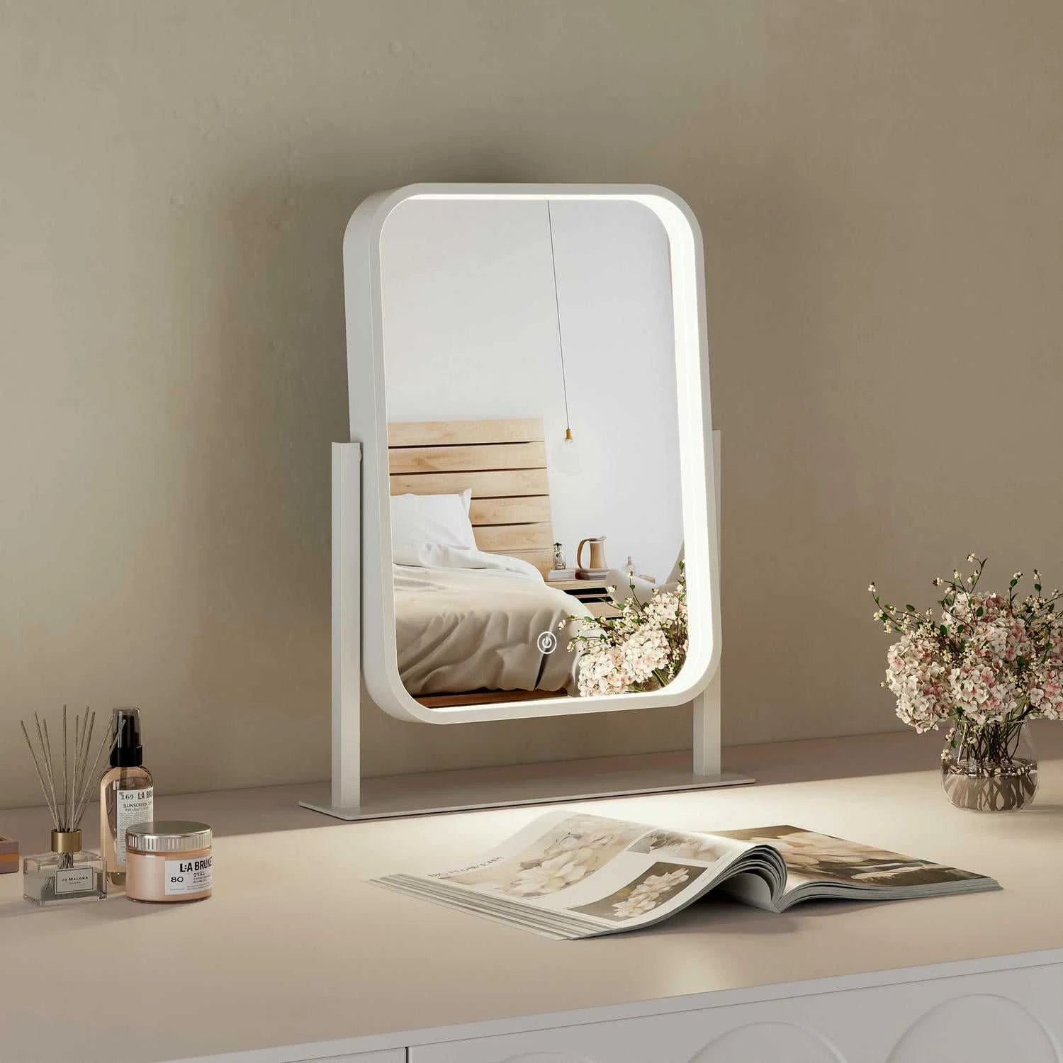 White LED Desktop Vanity Mirror for Bedroom