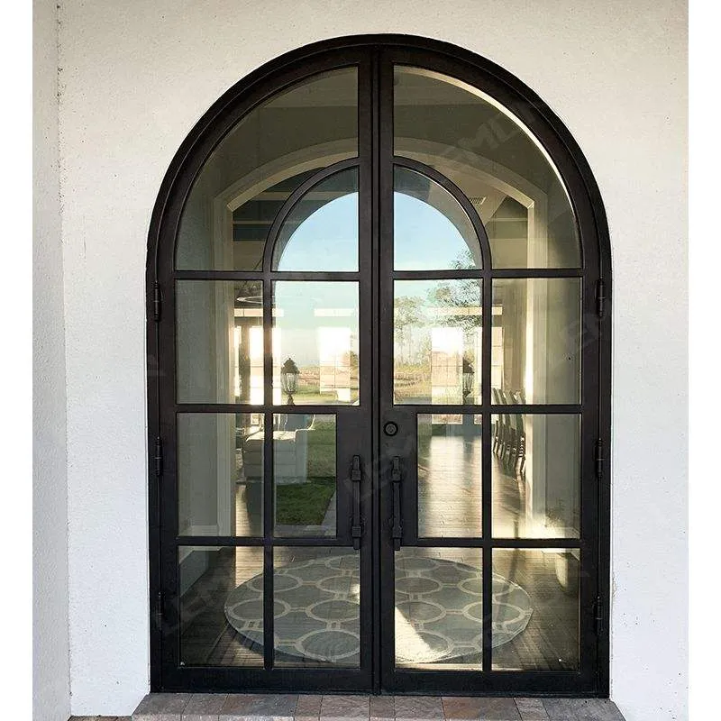 Modern Minimalist French Wrought Iron Glass Door Grid Design Black Entrance Iron Door.