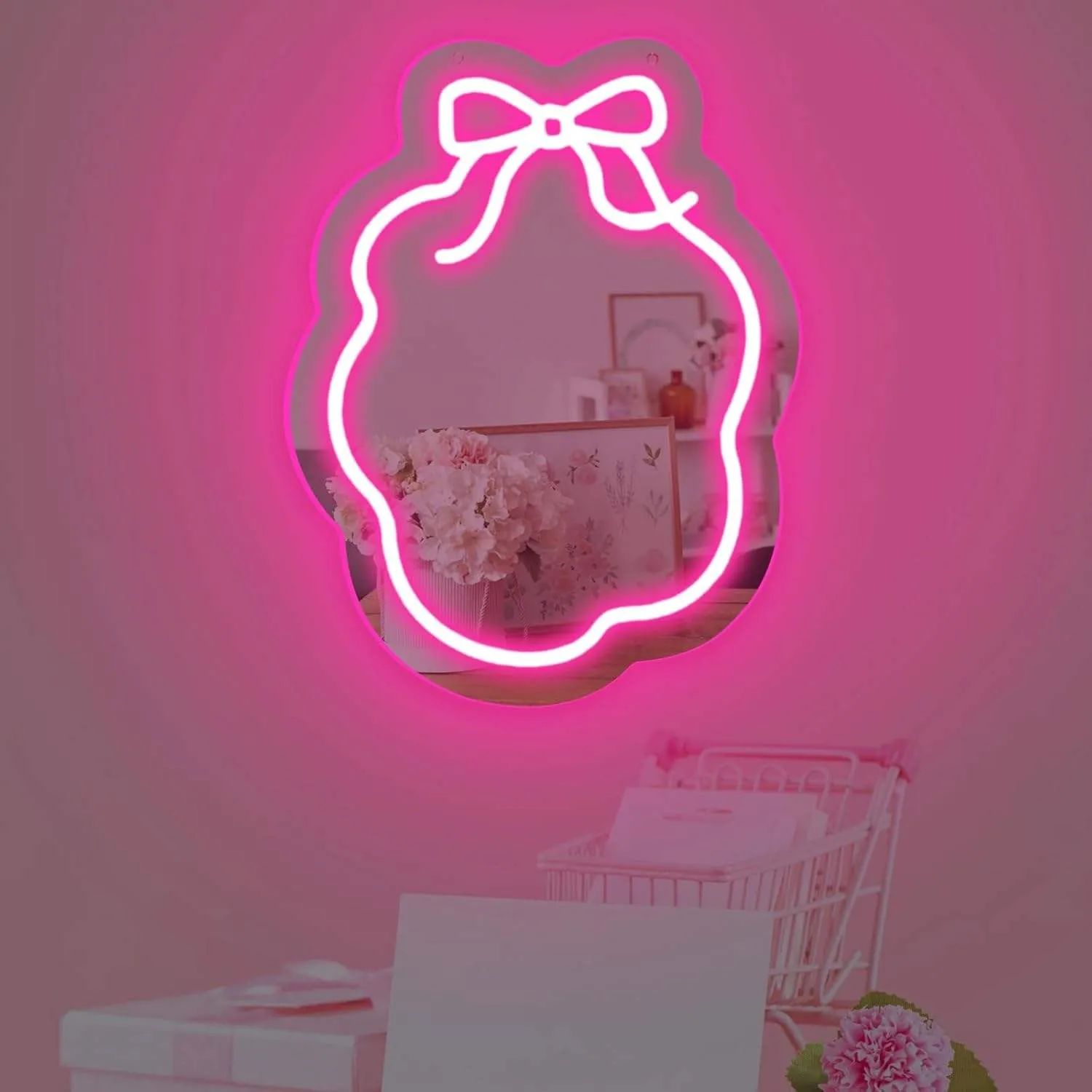 Bow and Flower Neon Mirrors, Bow Neon Light Decorations, Dimmable Neon Mirrors As Gifts for Girls.