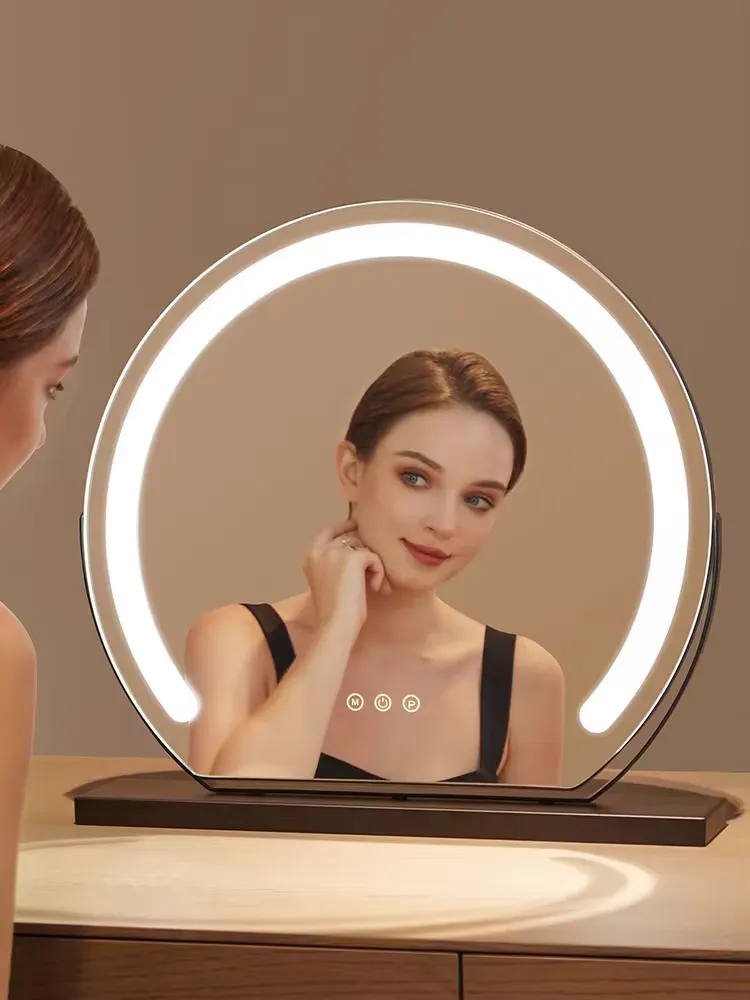 LED Light Contemporary Round Smart Vanity Mirror 1x Magnification Rechargeable Metal Frame Standing Makeup Table for Cosmetics