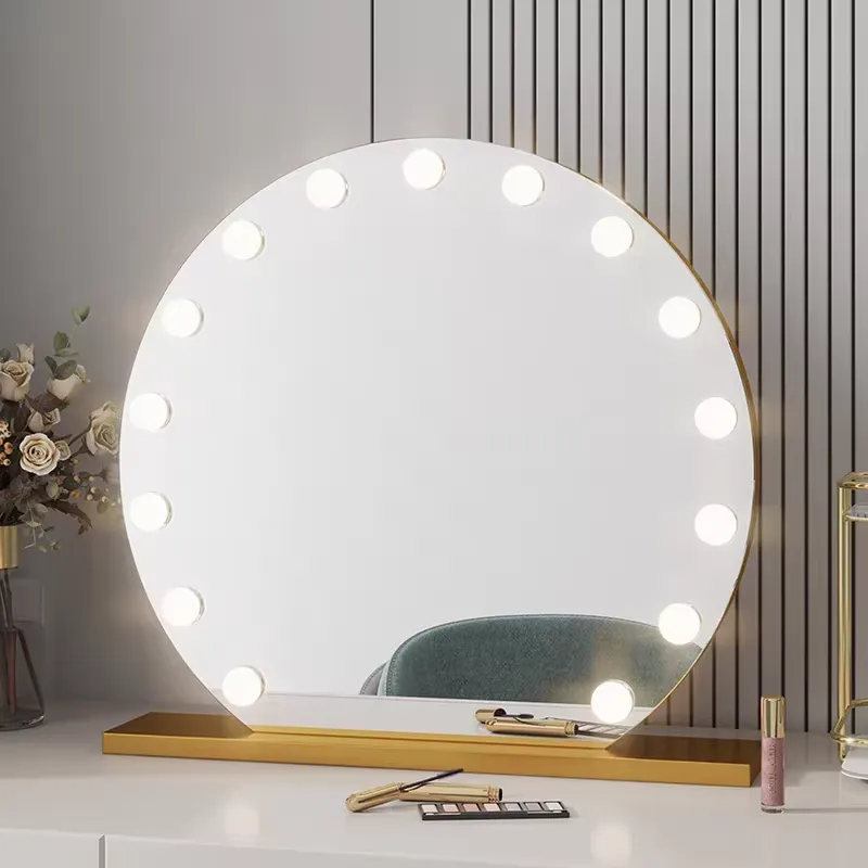 Contemporary 11 Bulbs LED Light Vanity Mirror Round Smart Standing Makeup Table with Rechargeable Metal for Cosmetics