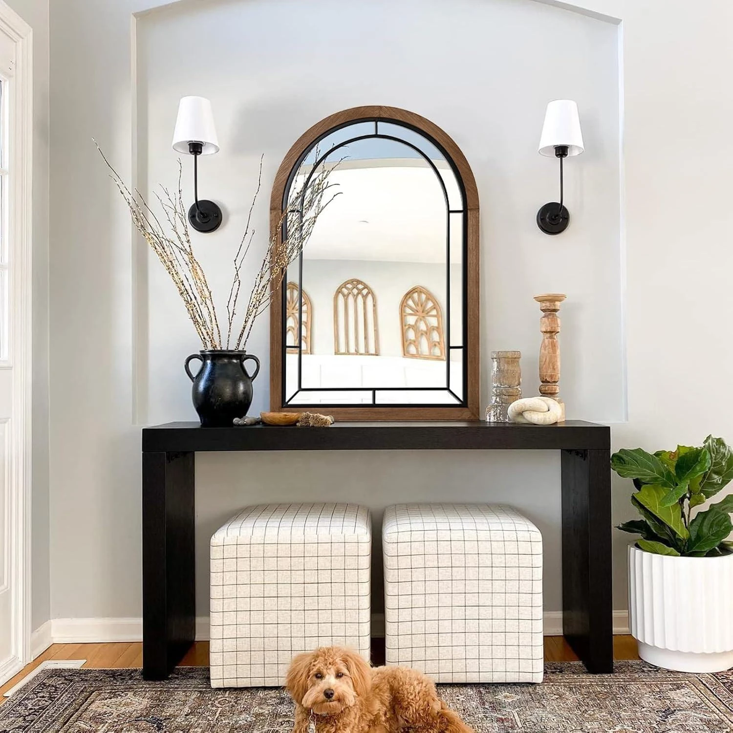 Farmhouse Arched Wood Framed Mirror Wall Decor Accent Rustic Bathroom Vanity Bedroom Entryway Living Room Framed Mirror