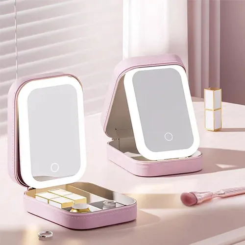 Portable Storage Makeup Mirror | Travel-Friendly LED & Organizer