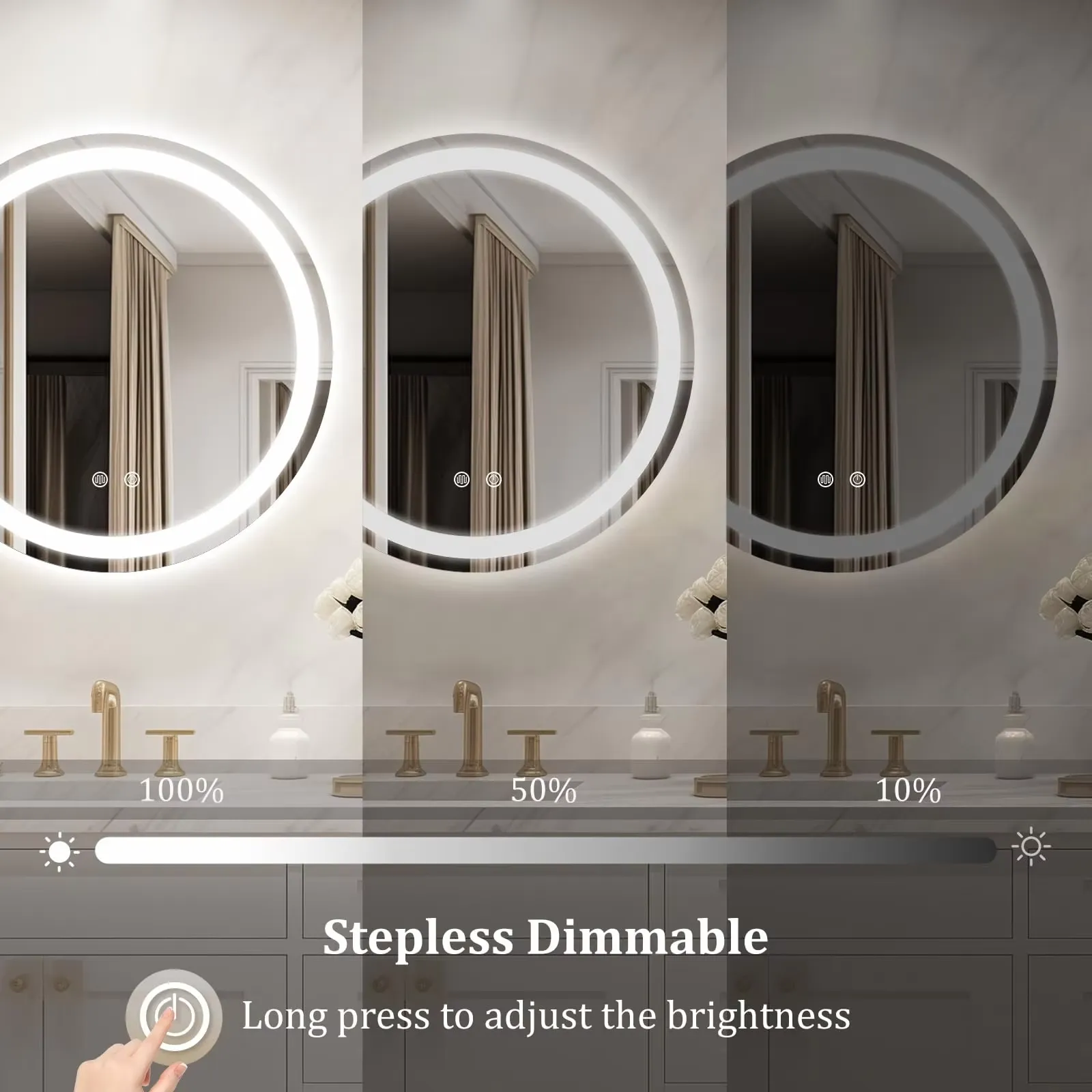 Premium Modern Circular LED Vanity Mirror Anti-Fog Touch Screen Smart Switch for Bathroom Salon Living Room Hotels Hospitals