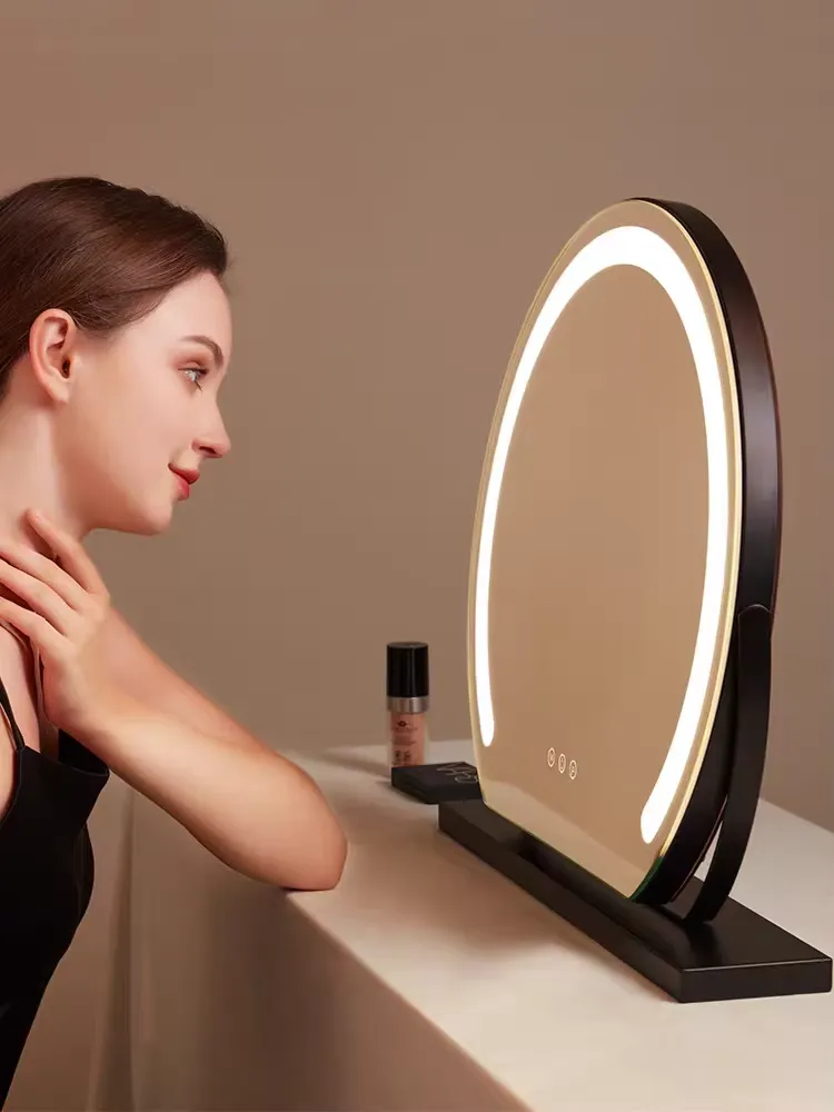 LED Light Contemporary Round Smart Vanity Mirror 1x Magnification Rechargeable Metal Frame Standing Makeup Table for Cosmetics