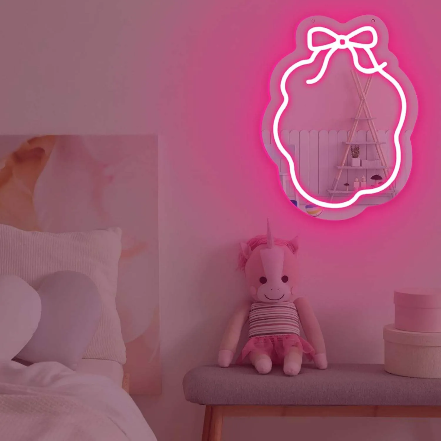 Bow and Flower Neon Mirrors, Bow Neon Light Decorations, Dimmable Neon Mirrors As Gifts for Girls.