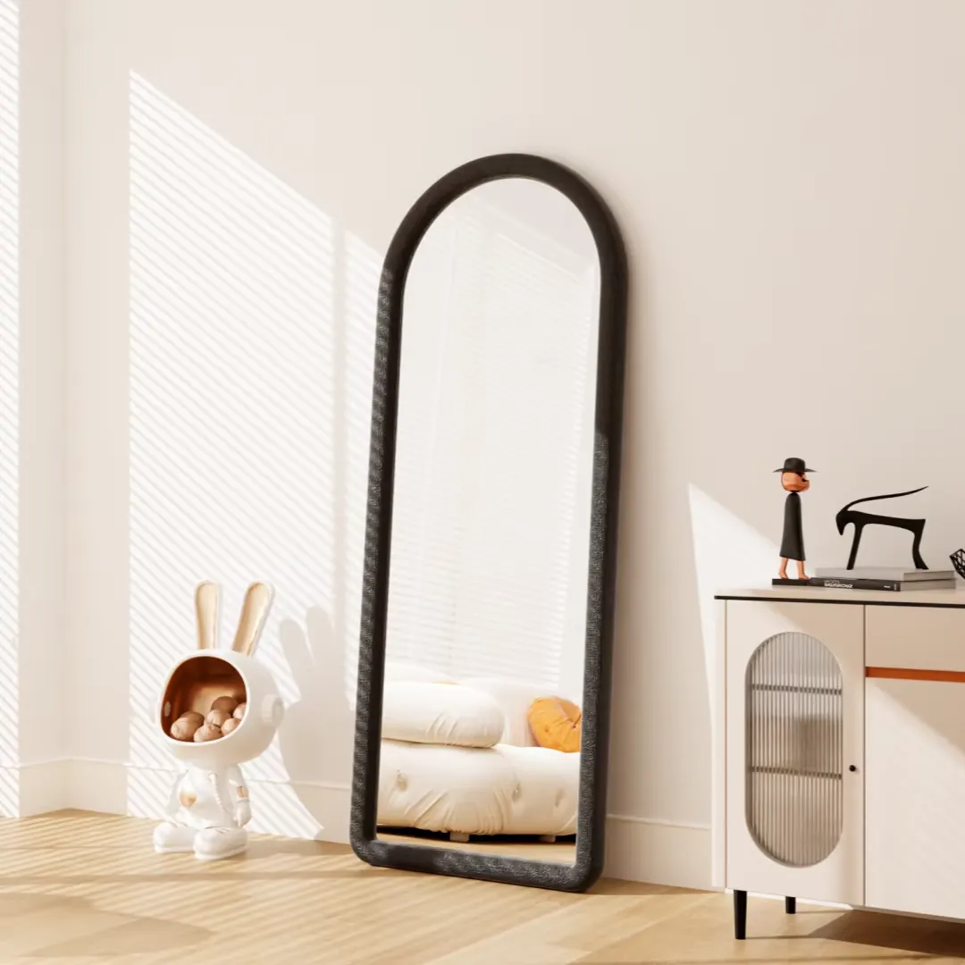 Custom Modern Decorative Full Body Glass Floor Mirror with Wavy Design Soft Velvet Frame for Salon or Bedroom Use