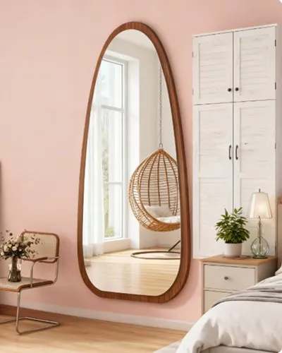 Waterdrop Shaped Full-length Mirror Wooden Vanity Mirror Stylish Floor Standing Wedding Vanity Mirror with Irregular Shape