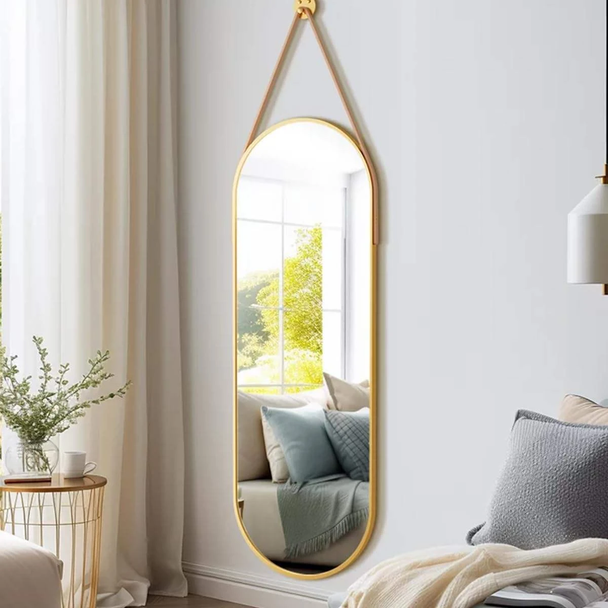 Gold Aluminum Frame Hanging Oval Wall Mirror