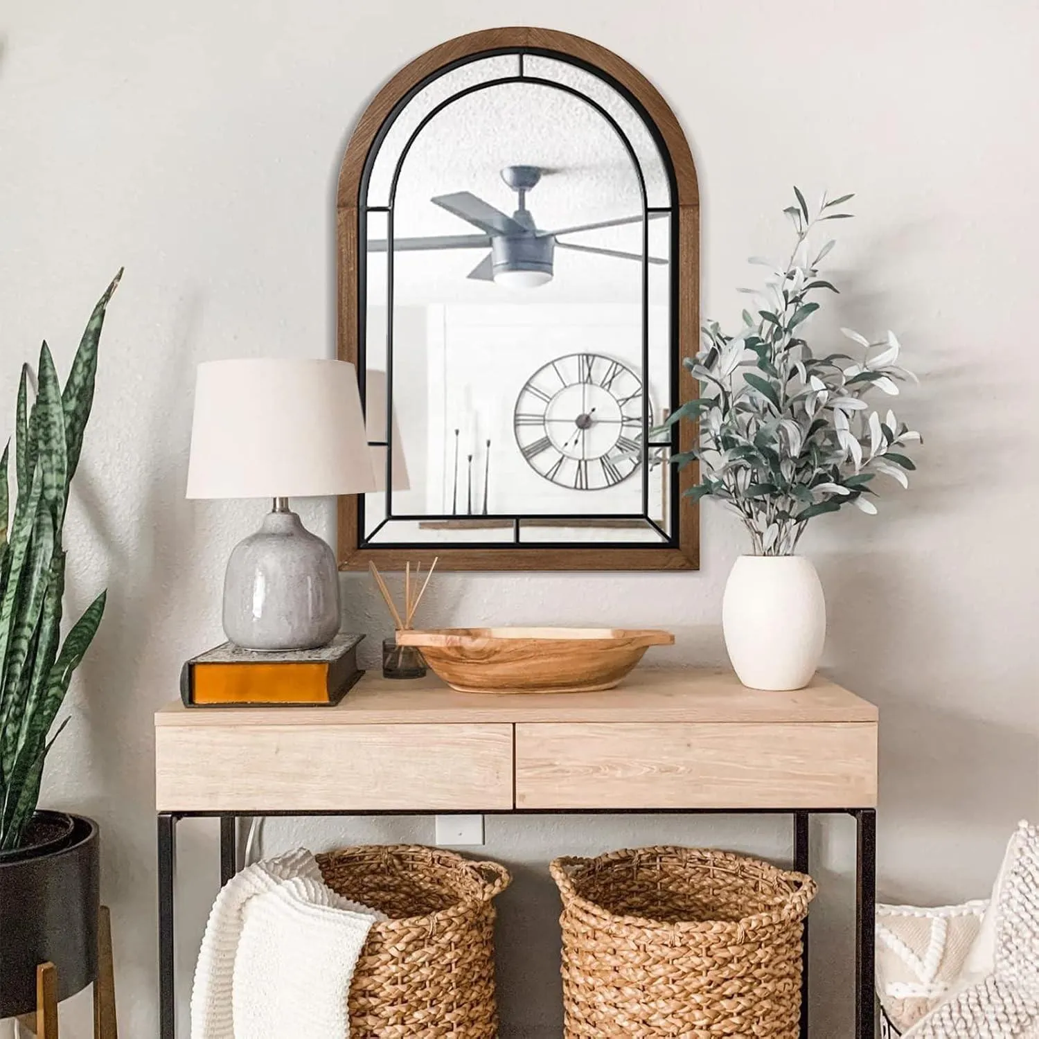 Farmhouse Arched Wood Framed Mirror Wall Decor Accent Rustic Bathroom Vanity Bedroom Entryway Living Room Framed Mirror