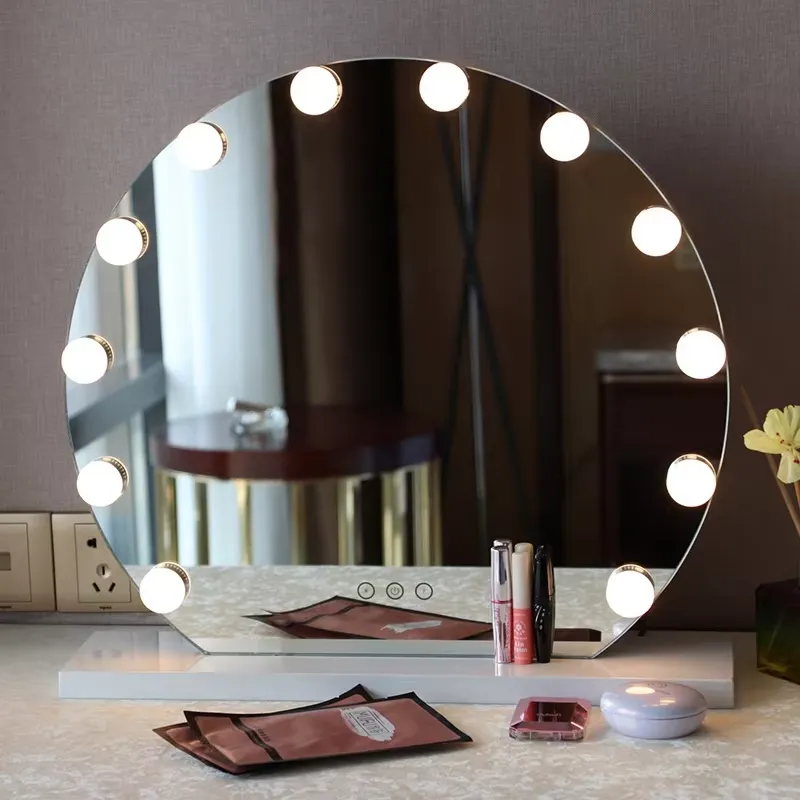 Contemporary 11 Bulbs LED Light Vanity Mirror Round Smart Standing Makeup Table with Rechargeable Metal for Cosmetics