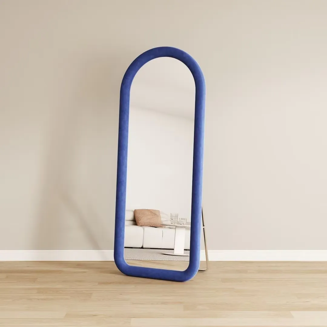 Custom Modern Decorative Full Body Glass Floor Mirror with Wavy Design Soft Velvet Frame for Salon or Bedroom Use