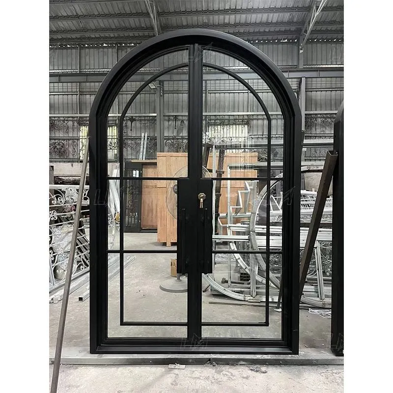 Modern Minimalist French Wrought Iron Glass Door Grid Design Black Entrance Iron Door.