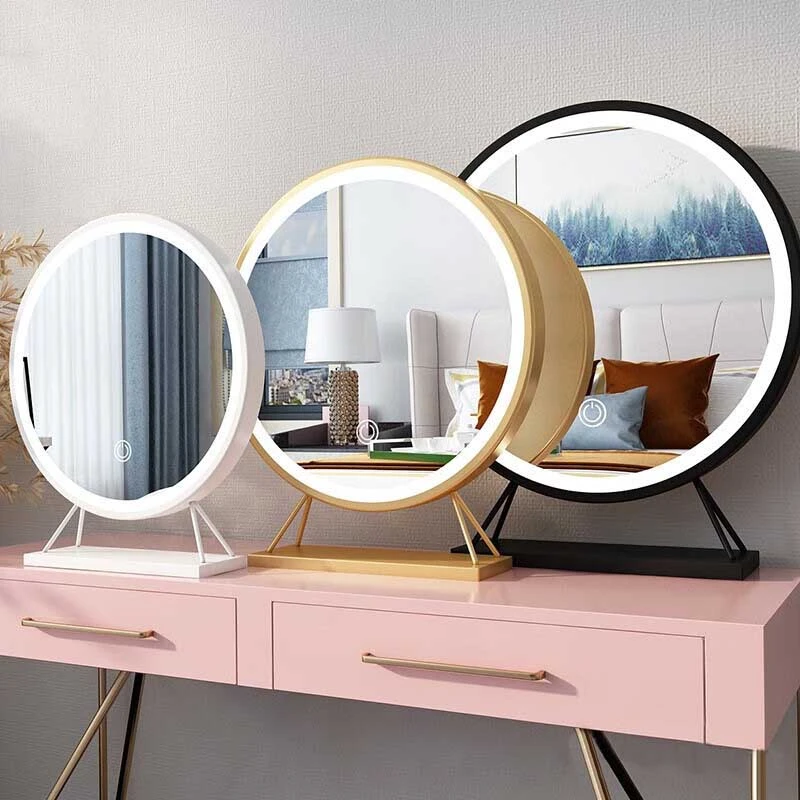 Modern Gold LED Makeup Mirror with Touch Control Dimmable LED Round Vanity Mirror with Sturdy Gold Base