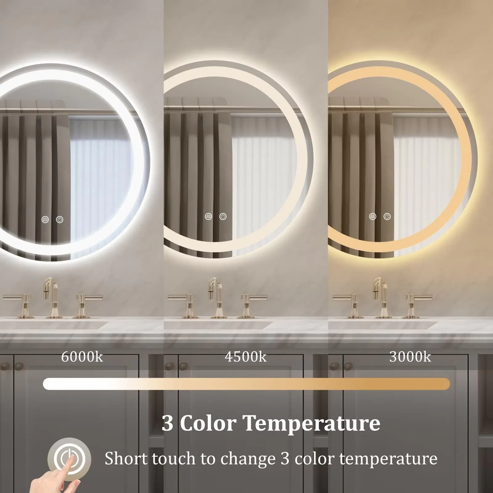 Premium Modern Circular LED Vanity Mirror Anti-Fog Touch Screen Smart Switch for Bathroom Salon Living Room Hotels Hospitals