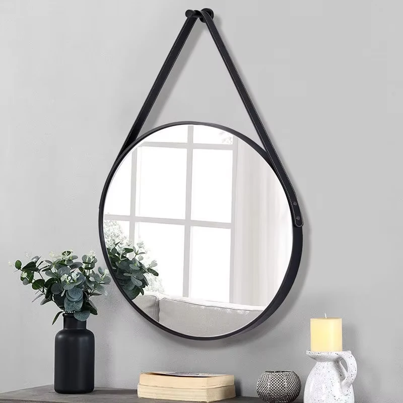 Nordic Simple Design Round Wall Vanity Mirror with Corrosion Resistant Aluminum Frame Hanging Leather Belt-for Weddings