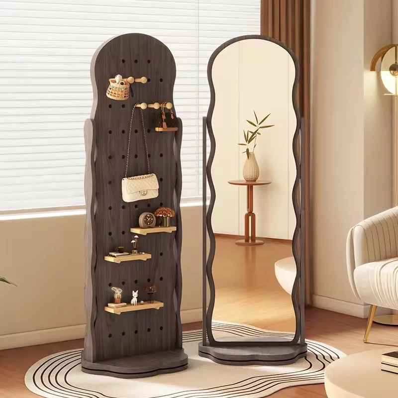 Wooden Floor-standing Full-length Mirror Wave Storage Glass