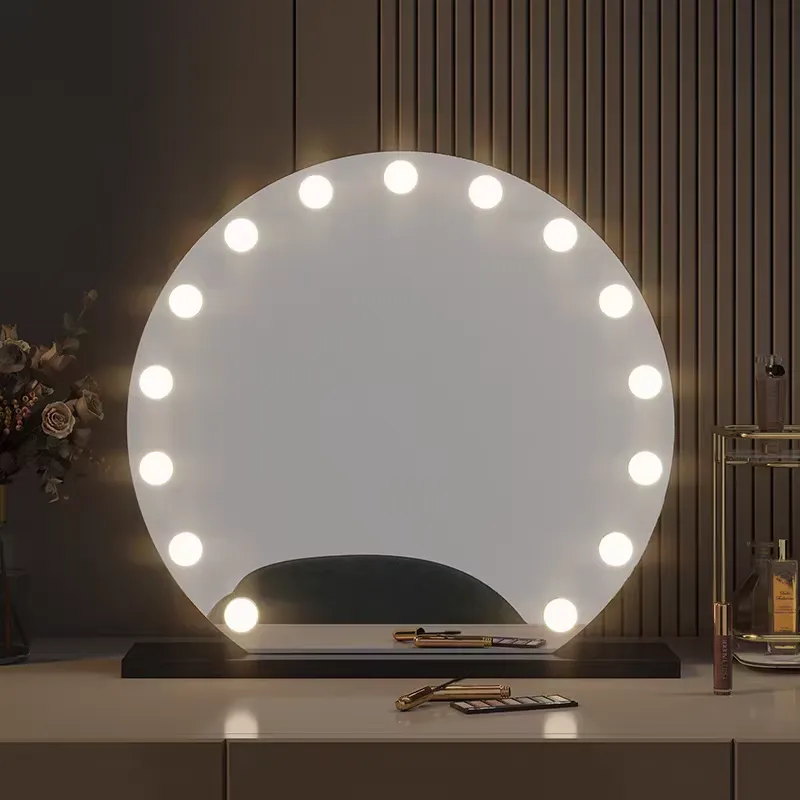 Contemporary 11 Bulbs LED Light Vanity Mirror Round Smart Standing Makeup Table with Rechargeable Metal for Cosmetics