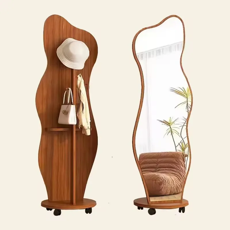 Rotation Full Length Mirror with Brake Wheels Solid Wood Floor Mirror with Coat Rack Full Body Mirror for Bedroom Living Room