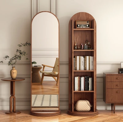Mid-Century Modern Wooden Full-Length Mirror with Storage Shelves, Arched Frame Freestanding Dressing Mirror for Bedroom & Living Room