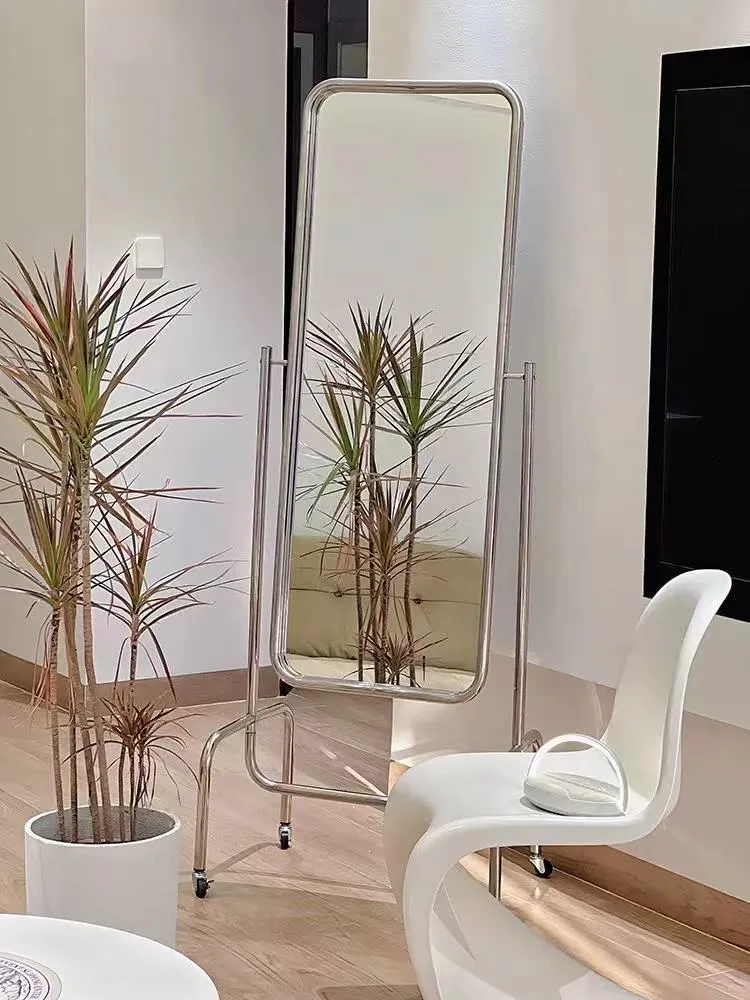 SWT Contemporary Stainless Steel Floor Length Mirror Hot Selling Standing Design with Wheels Glass Material