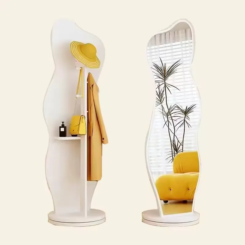 Rotation Full Length Mirror with Brake Wheels Solid Wood Floor Mirror with Coat Rack Full Body Mirror for Bedroom Living Room