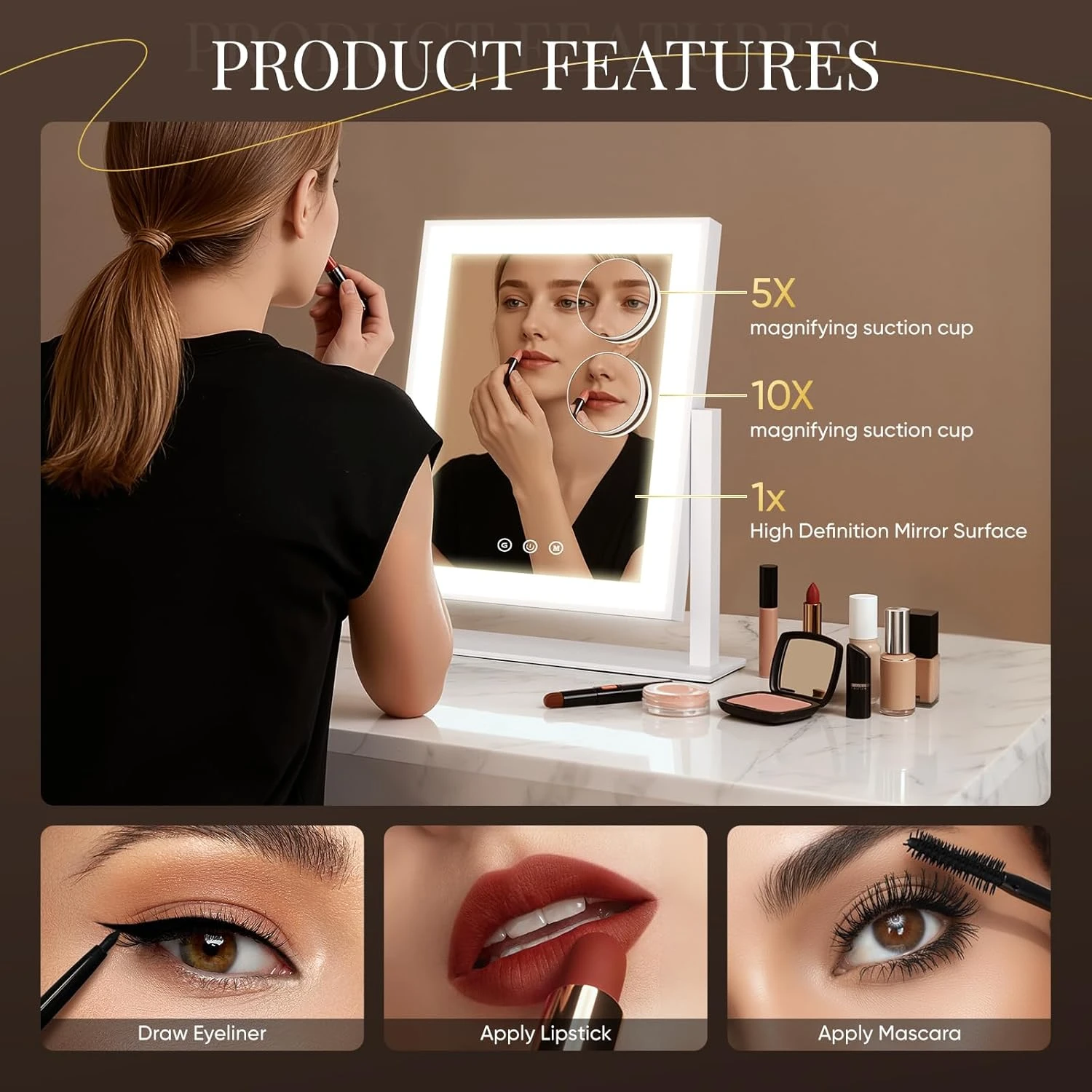 Touch Control 3 Color Lighting Modes Dimmable Makeup Mirror